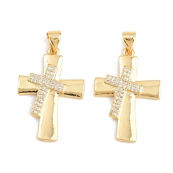 Real 18K Gold Plated Easter Brass Micro Pave Clear Cubic Zirconia Pendants, Solid Cross Charms, Real 18K Gold Plated, 27x18x2.5mm, Hole: 4x3mm