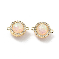 Настоящее золото 18K Латунные микро-паве прозрачные кубические цирконии плоские круглые соединительные подвески, без кадмия, без никеля и без свинца, с белым синтетическим опалом, реальный 18 k позолоченный, 14x10x7.5 мм, отверстие : 0.9 мм