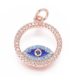 Rose Gold Brass Micro Pave Cubic Zirconia Pendants, with Enamel and Jump Ring, Ring with Evil Eye, Colorful, Rose Gold, 18.5x16x2mm, Hole: 3mm