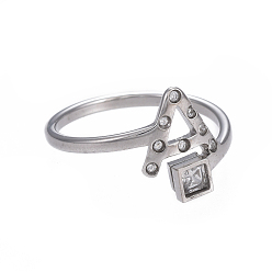 Letter A 304 палец кольца из нержавеющей стали, со стразами, начальная буква а & квадрат, цвет нержавеющей стали, Размер 6~9, 16~19 мм