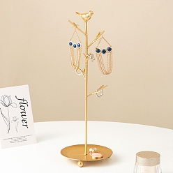 Golden Bird Iron Jewelry Display Stand with Tray, Jewelry Tree for Rings, Earrings, Bracelets, Glasses Storage, Golden, 12x34cm