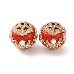 Оранжево-Красный Круглые бусины из смолы ручной работы из Индонезии, со сплавочной фурнитурой со стразами, круглые, оранжево-красный, 17x16.5 мм, отверстие : 1.4 мм