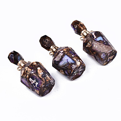 Medium Purple Assembled Synthetic Bronzite and Imperial Jasper Openable Perfume Bottle Pendants, with Light Gold Brass Findings, Dyed, Medium Purple, Capacity: 1ml(0.03 fl. oz), 41~42x17~18x17~18mm, Hole: 1.8mm