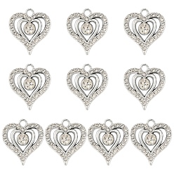 Платина 10подвески из сплава с кристаллами и стразами, сердце прелести, платина, 20x18x5 мм, отверстие : 2.2 мм, 10 шт / комплект