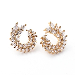 Golden Brass Micro Pave Clear Cubic Zirconia Stud Earrings, Long-Lasting Plated, Leafy Branches, Golden, 21.5x19.5mm, Pin: 0.8mm