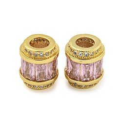 Бледно-Розовый Реечное покрытие латунь микро паве кубический цирконий европейские бусины, долговечный, без свинца и без кадмия, колонка, реальный 18 k позолоченный, розовый жемчуг, 11.5x10 мм, отверстие : 4.5 мм