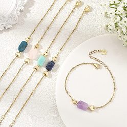Mixed Stone Natural Mixed Stone Rectangle & Moon Star Brass Beaded Bracelets, 304 Stainless Steel Satellite Chains Bracelets, Golden, 6.89~7.05 inch(17.5~17.9cm)