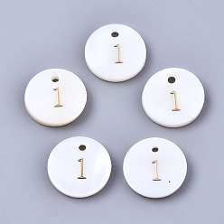 Number Подвески из натуральных пресноводных ракушек, плоский круглый с золотым блокирующим номером, кол. 1, 11x2 мм, отверстие : 1.5 мм