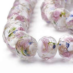 White Handmade Gold Sand Lampwork Beads Strands, Inner Flower, Faceted Rondelle, White, 9~10x7~8mm, Hole: 1.5~2mm, about 60pcs/strand, 17.3 inch