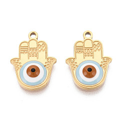 Настоящее золото 18K 304 подвески из нержавеющей стали и эмали, рука хамса с оберегами от сглаза, ионное покрытие (ip), реальный 18 k позолоченный, 17.5x12.8x3.5 мм, отверстие : 1.5 мм