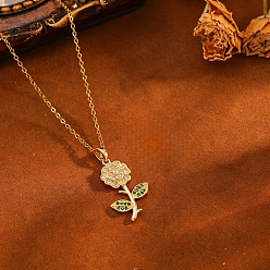 Flower Brass Pave Clear and Green Cubic Zirconia Pendant 304 Stainless Steel Cable Chain Necklaces for Women, Golden, Flower, 15.75 inch(40cm), Pendant: 25x15.5mm