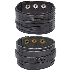 Black 2Pcs 2 Styles Cowhide Leather Bracelets, Snap Bracelets for Men Women, Black, 9-1/8x1-5/8x1/4 inch(23x4~4.1x0.5~0.6cm), 1pc/style