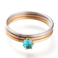Blue Zircon 304 Stainless Steel Finger Rings, Stackable Rings, with Rhinestone, Flat Round, Mixed Color, Blue Zircon, US Size 7~7 3/4(17.3~17.9mm), 3pcs/set