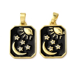 Черный Латунные микро проложить кубического циркония подвески, с эмалью, подвески в виде прямоугольника, солнца, луны и звезд, реальный 18 k позолоченный, чёрные, 19.5x13x2 мм, отверстие : 4x2.5 мм