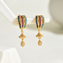 Золотой Серьги-гвоздики в форме капли из латуни с разноцветными кубическими цирконами, золотые, 32x4.5 мм