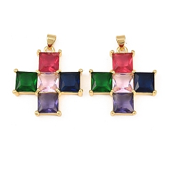 Разноцветный Латунные микро проложить кубического циркония подвески, крест прелести, стойки покрытие, долговечный, без кадмия и без свинца, реальный 18 k позолоченный, красочный, 29x26.5x5.5 мм, отверстие : 3x4.5 мм