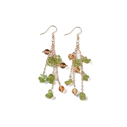 Olive Jade Golden Plated Brass Dangle Earrings, with Natural Olive Jade Chips, Jewely for Women, 80~84mm