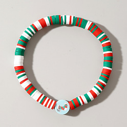 Разноцветный Рождественские браслеты из полимерной глины в стиле хейши и акриловых бусин, эластичные, для женщин., плоский круглый с конфетным тростником, красочный, 6.89 дюйм (17.5 см)