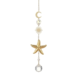 Golden 304 Stainless Steel Starfish & Round Glass Hanging Suncatchers, Brass Moon Sun and Shell Pearl Beads for Home Window Wall Decor, Golden, 306mm