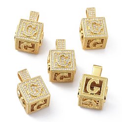 Letter G Кулоны из латуни с микропейвом и прозрачным фианитом, реальный 18 k позолоченный, куб с письмом, letter.g, 26x17x17 мм, отверстие : 5x8 мм