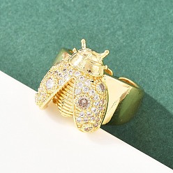 Прозрачный Женские кольца-манжеты с божьей коровкой и микропаве из кубического циркония из латуни, стойки покрытие, долговечный, без свинца и без кадмия, реальный 18 k позолоченный, прозрачные, регулируемый, лоток : 18.5x16.5 мм