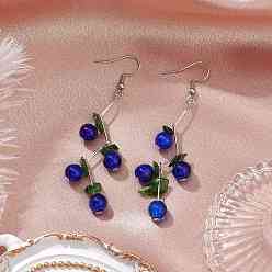 Blue Spray Painted Crackle Glass Beads & Natural Diopside Chip Beads Dangle Earrings, with Iron Flat Head Pins and 304 Stainless Steel Earring Hooks, Cherry, Platinum, Blue, 74.5x22.5mm