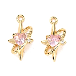 Настоящее золото 18K Латунные микро проложить кубического циркония подвески, без кадмия, без никеля и без свинца, планета с сердцем, граненые, реальный 18 k позолоченный, 17x9x5 мм, отверстие : 1.4 мм