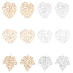 Mixed Color Brass Pendants, Etched Metal Embellishments, Long-Lasting Plated, Leaf, Mixed Color, 48pcs/box