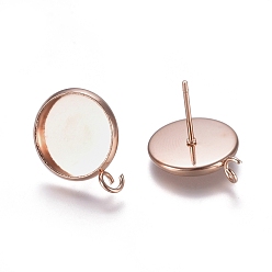 Розовое Золото 304 Настройки серьги из нержавеющей стали, с петлей, плоско-круглые, розовое золото , лоток : 12 мм, 13 мм, отверстие : 2 мм, штифты : 0.7 мм