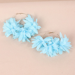 Светло-Голубой Серьги-кольца из сплава ткани, цветок, платина, Небесно-голубой, 100x110 мм