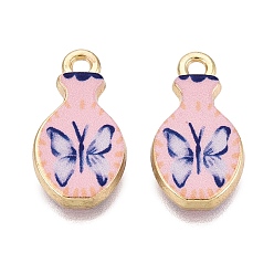 Pink Printed Alloy Pendants, Rack Plating, Vase & Butterfly Charms, Cadmium Free & Nickel Free & Lead Free, Golden, Pink, 19x10x3mm, Hole: 1.8mm