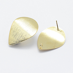 Real 18K Gold Plated Brass Drawbench Stud Earring Findings, with Loop, Long-Lasting Plated, Real 18K Gold Plated, Nickel Free, Teardrop, 28x21x1mm, Hole: 2mm, Pin: 0.8mm