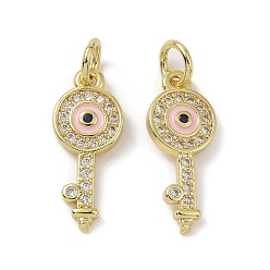 Pink Real 18K Gold Plated Brass Micro Pave Cubic Zirconia Pendants, Cadmium Free & Nickel Free & Lead Free, with Enamel and Jump Ring, Key Charms, Pink, 17.5x7x2mm, Hole: 3.4mm