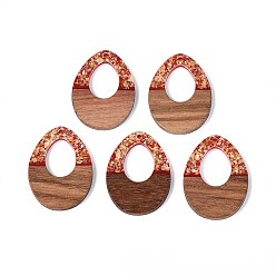 Темно-Красный Подвески из непрозрачной смолы и орехового дерева, слезинки, с блестящей пудрой и золотой фольгой, темно-красный, 37.5~38x28x3~4 мм, отверстие : 2 мм