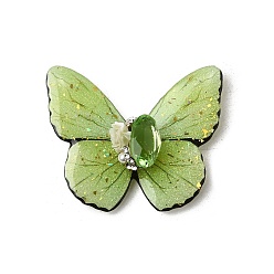 Желто-Зеленый Прозрачные эпоксидные смолы кабошоны, бабочка, с золотой фольгой, стразами, искусственным жемчугом из АБС, магнитом и бумажной карточкой, желто-зеленый, 32x39.5x11 мм