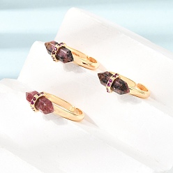 Rhodonite Brass Micro Pave Cubic Zirconia Cuff Open Rings for Women, Bullet, with Natural Rhodonite, Rack Plating, Long-Lasting Plated, Lead Free & Cadmium Free, Real 18K Gold Plated, US Size 7 1/4(17.5mm)