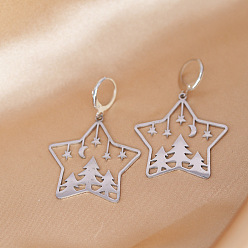 Нержавеющая Сталь Цвет 201 из нержавеющей стали Leverback серьги, звезда с узором рождественской елки, цвет нержавеющей стали, 48x31 мм