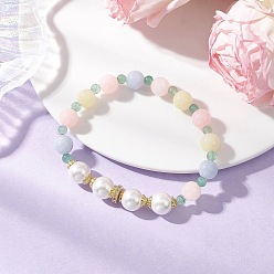 Белый Нефрит Браслеты из бусин из натурального зеленого авантюрина и белого нефрита, имитирующие морганит, для женщин, с бусинами из ракушечного жемчуга и фурнитурой из латуни и 304 нержавеющей стали, внутренний диаметр: 2-1/4 дюйм (5.6 см)