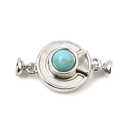 Platinum Brass & Natural Shell & Synthetic Turquoise Magnetic Clasps, Flat Round, Platinum, 20x12x7mm