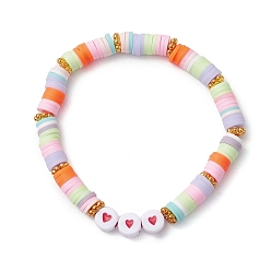 Colorful Boho Style Handmade Polymer Clay Disc & Acrylic Heart Beaded Stretch Bracelets for Women, Colorful, Inner Diameter: 2-1/8 inch(5.5cm)