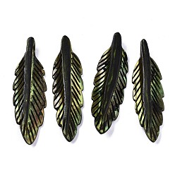 Темно-оливково-зеленый Природные подвески оболочки пресноводных, окрашенные, резной, перо, темно-оливковый зеленый, 42~43x12~13x4.5 мм, отверстие : 1.5 мм