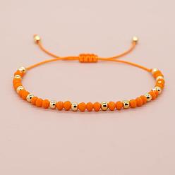 Оранжевый Браслеты из плетеных бусин из круглых стеклянных и латунных бусин, регулируемые плетеные браслеты из волоконного шнура для женщин, золотые, оранжевые
