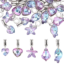Plum 30Pcs 5 Styles Electroplated Glass European Dangle Charms, Large Hole Pendants, with Alloy Bails, Mixed Shapes, Antique Silver, Plum, 21~29mm, 6pcs/style