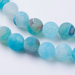 Deep Sky Blue Natural Weathered Agate Beads Strands, Dyed, Frosted, Round, Deep Sky Blue, 8mm, Hole: 1mm, about 46pcs/strand, 14~15 inch