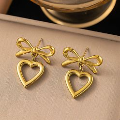 Сердце 304 из нержавеющей стали болтаться серьги, золотые, сердце, 28.5x19 мм