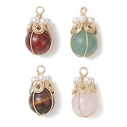 Золотой 4 шт. 4 стили подвески из натурального сердолика, розового кварца, зеленого авантюрина и тигрового глаза, круглые подвески с медной проволокой, смешанные окрашенные и неокрашенные, золотые, 19x10.5 мм, отверстие : 2.5 мм, 1 шт / стиль