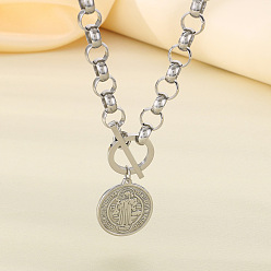 Нержавеющая Сталь Цвет Плоские круглые 304 нержавеющая сталь цепочка роло ot медаль святого бенедикта подвеска ожерелья для женщин, цвет нержавеющей стали, 19.69 дюйм (50 см)