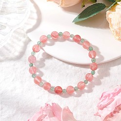 Вишневый Кварц Круглые эластичные браслеты из натурального зеленого авантюрина и вишневого кварцевого стекла для женщин, внутренний диаметр: 2-3/8 дюйм (5.9 см)