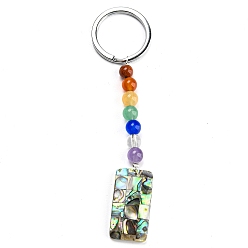 Rectangle Abalone Shell/Paua Shell Keychain, with Alloy Key Rings and Chakra Gemstone Beads, Rectangle, 10.1cm, pendant: 76x15x6.5mm