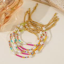 Colorful 5Pcs Glass Seed Beads & Imitation Pearl Braided Bead Bracelets, Braided Nylon Thread Adjustable Bracelets for Women, Colorful, 11.02 inch(28cm)